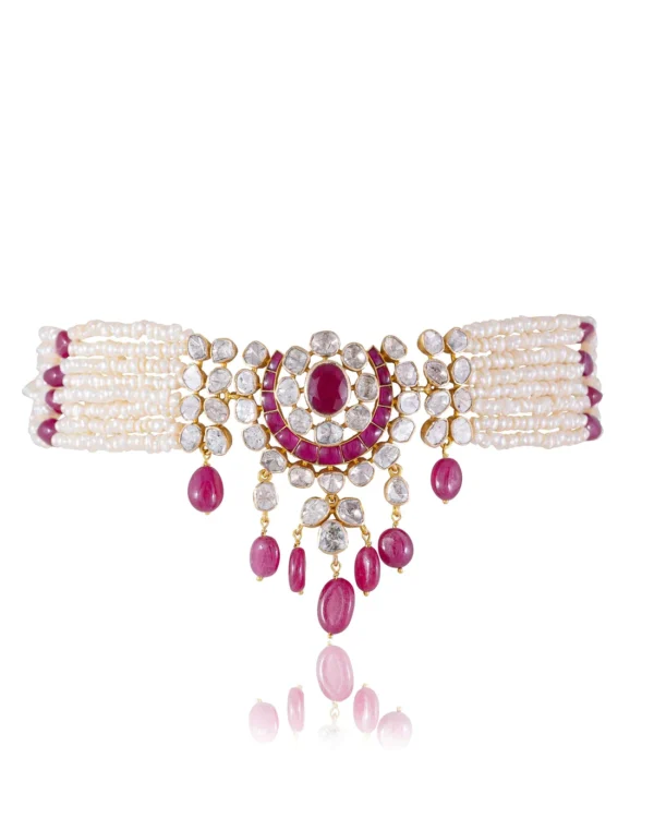 Shrushti Bead Choker And Janet Long Earrings Polki Set - Image 2