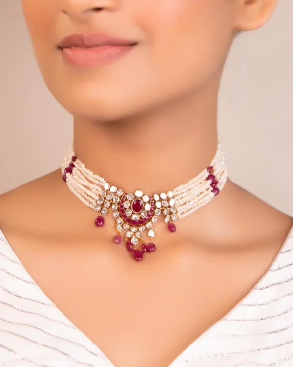 Shrushti Bead Choker And Janet Long Earrings Polki Set - Image 3