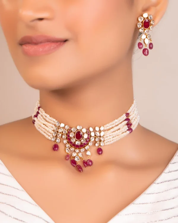 Shrushti Bead Choker And Janet Long Earrings Polki Set