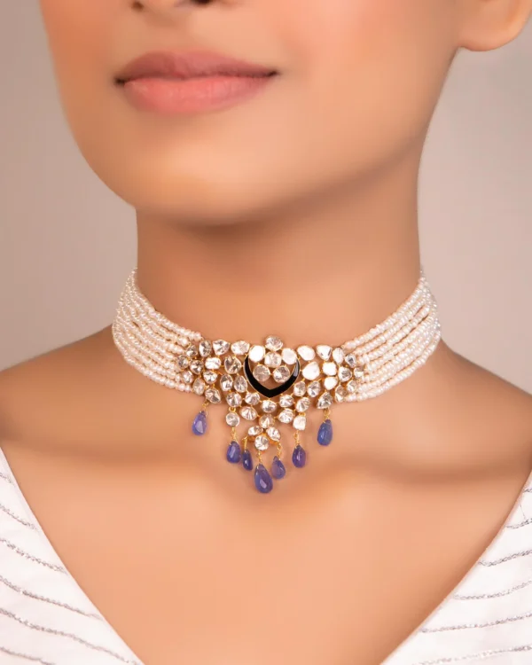 Ritu Bead Choker And Sophia Long Earrings Polki Set - Image 3