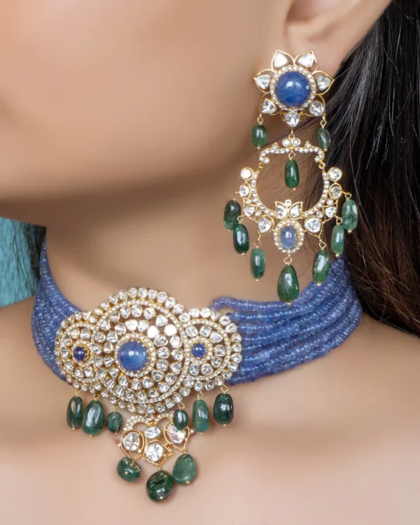Trishka Bead Choker and Sakhia Chandbalis Polki Set - Image 2