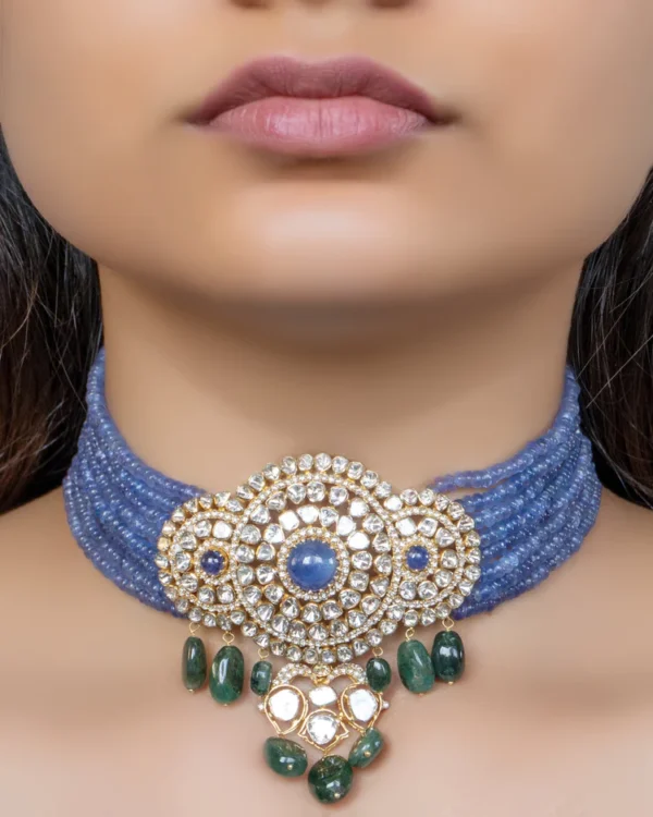 Trishka Bead Choker and Sakhia Chandbalis Polki Set - Image 3