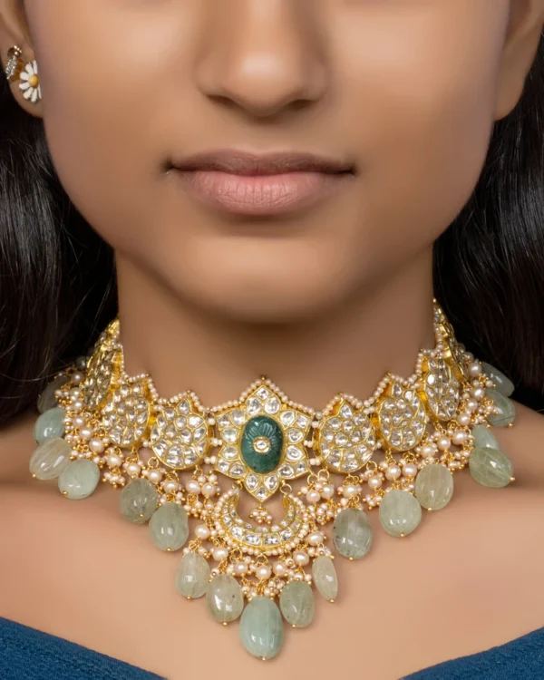 Bushra Necklace and Shifa Chandbalis Polki Set - Image 3