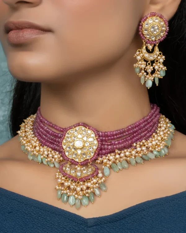 Daina Bead Choker and Panika Chandbalis Polki Set - Image 3