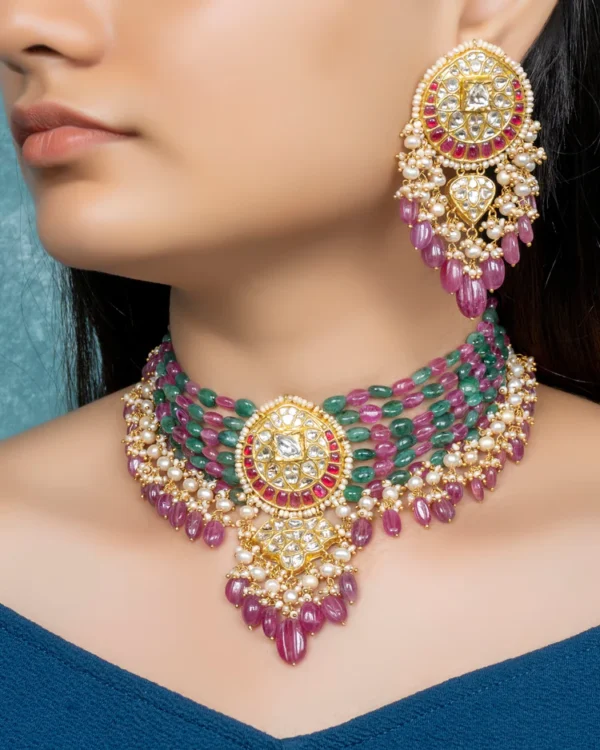 Normani Bead Choker and Tejal Long Earrings Polki Set - Image 3