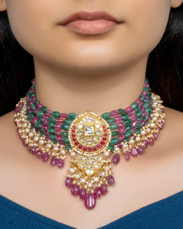 Normani Bead Choker and Tejal Long Earrings Polki Set - Image 2
