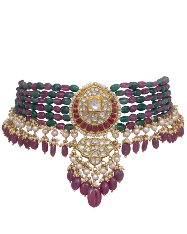 Normani Bead Choker and Tejal Long Earrings Polki Set - Image 6