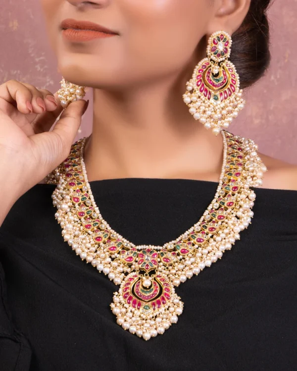 Ratna Long Necklace And Brinda Chandbalis Polki Set - Image 3