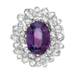 Purple Sapphire Oval Shape and Round White Diamond, 18K White Gold