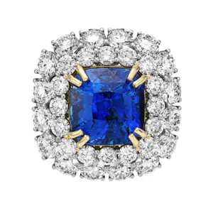 Sapphire Cushion cut and White Diamond 18K Yellow Gold Ring