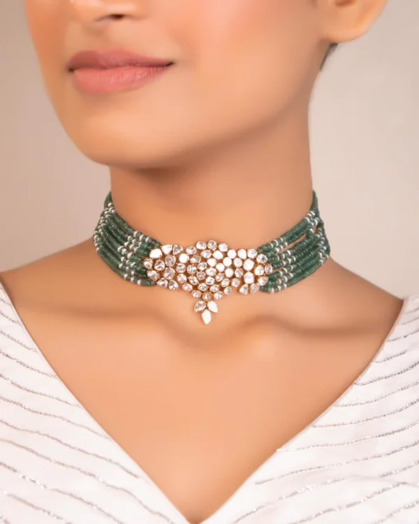 Rutuja Bead Choker And Elisha Long Earrings Polki Set - Image 5