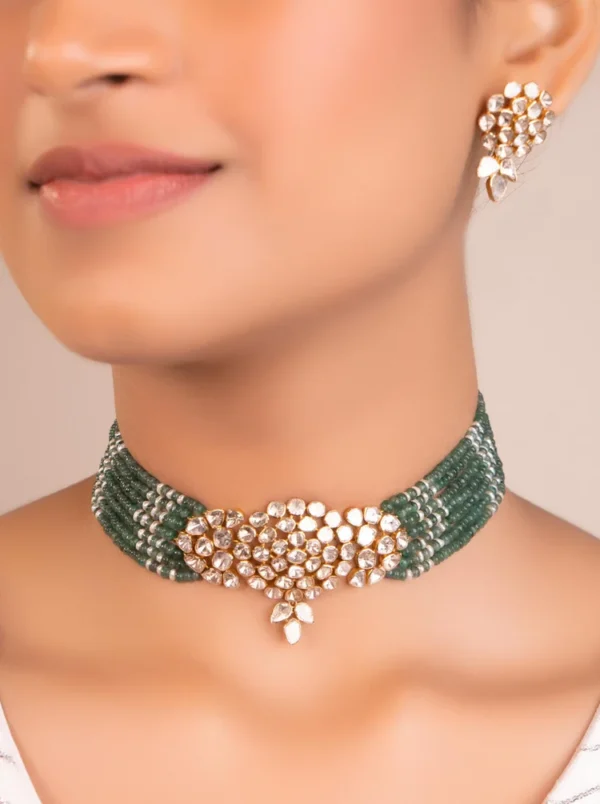 Rutuja Bead Choker And Elisha Long Earrings Polki Set - Image 6