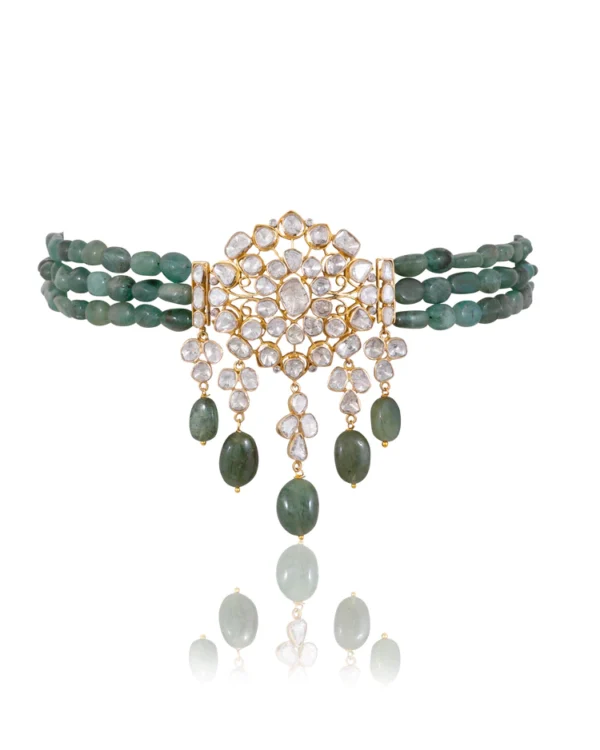 Gayatri Bead Choker And Swati Long Earrings Polki And Diamond Set - Image 5