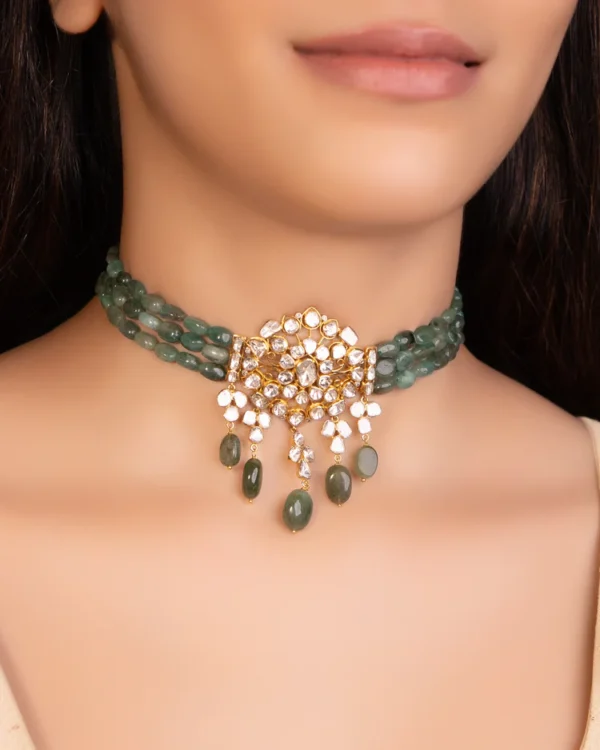 Gayatri Bead Choker And Swati Long Earrings Polki And Diamond Set - Image 6