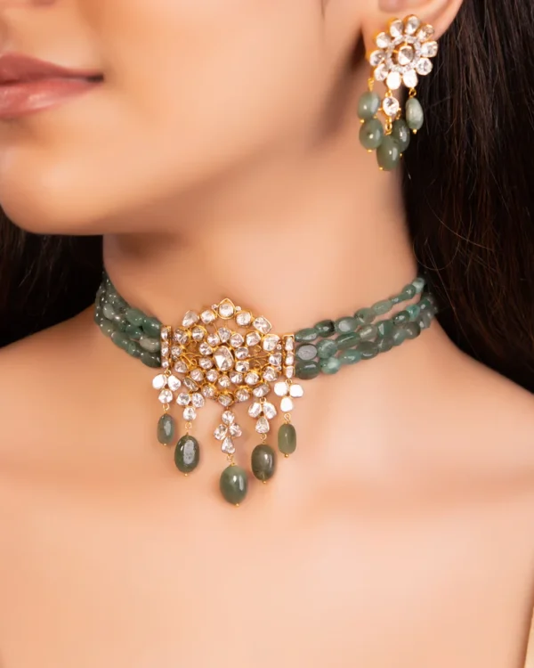 Gayatri Bead Choker And Swati Long Earrings Polki And Diamond Set - Image 7