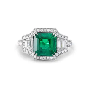 Emerald And White Diamond, 18K White Gold Ring