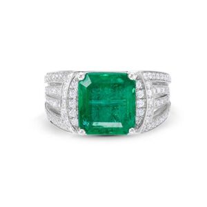 Emerald And White Diamond, 18K White Gold Ring