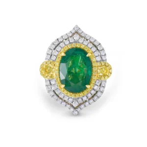 Emerald And Yellow And White Diamond, 18K Yellow Gold Ring