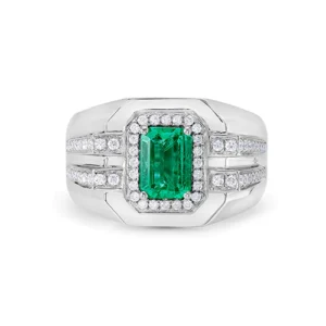 Emerald And White Diamond Round, 14K White Gold Ring