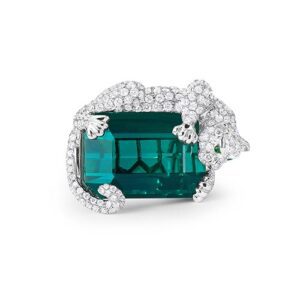Green Tourmaline And White Diamond And Tsavorite Garnet, 18K White Gold Ring