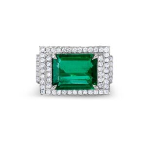 Emerald And White Diamond, 18K White Gold Ring