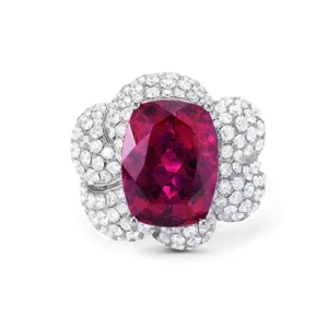 Rubellite Tourmaline And White Diamond, 18K White Gold Ring