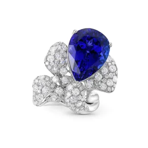 Tanzanite Pear And White Diamond, 18K White Gold Ring