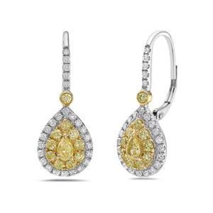Yellow Diamond Pear And White And Yellow Diamond, 14K Two Tone Gold Earrings
