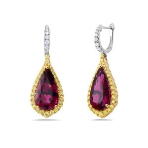 Rubellite Tourmaline And Yellow And White Diamond, 18K Two Tone Earrings