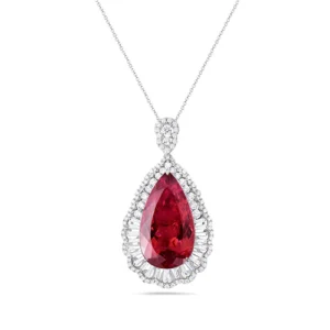 Rubellite Tourmaline And White Diamond, 18K White Gold Necklace