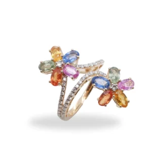 Mix Sapphire Oval & White Diamond Round 14K Yellow Gold Ring