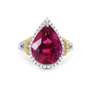 Rubellite Tourmaline, Yellow And White Diamond, 18K Two Tone Gold Ring