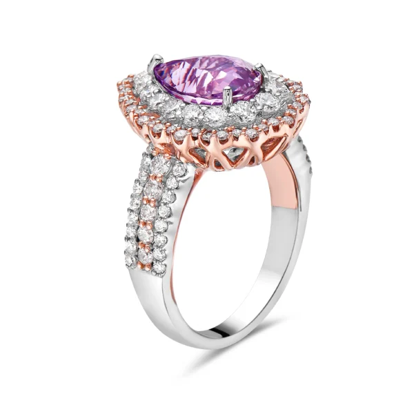 Purple Pink Sapphire Oval White & Pink Diamond 18k Two Tone Gold Ring - Image 2