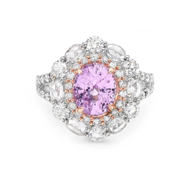 Purple Pink Sapphire Oval White & Pink Diamond 18k Two Tone Gold Rin