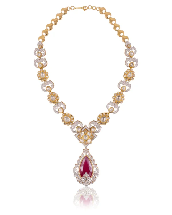 Wamini Long Necklace And Abigail Long Earrings Polki And Diamond Set - Image 2