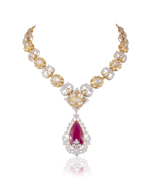 Wamini Long Necklace And Abigail Long Earrings Polki And Diamond Set - Image 3
