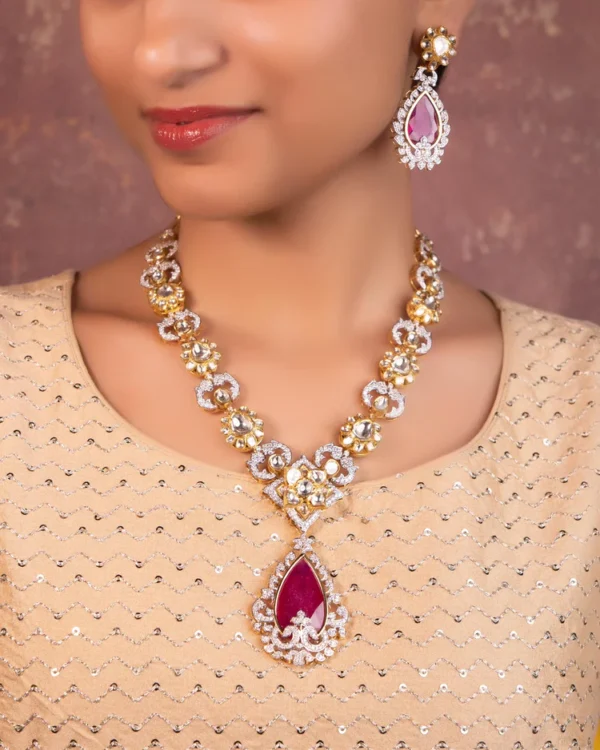 Wamini Long Necklace And Abigail Long Earrings Polki And Diamond Set - Image 5