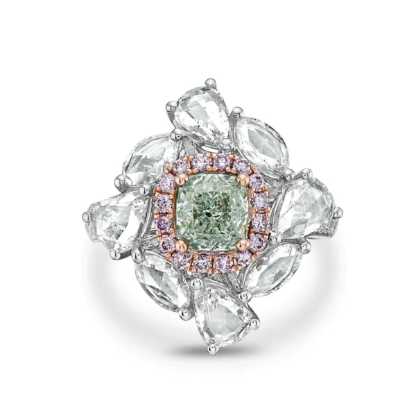 Fancy Light Green White And Pink Diamond SI2 18k 2 Tone Gold Diamond Ring