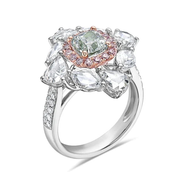 Fancy Light Green White And Pink Diamond SI2 18k 2 Tone Gold Diamond Ring - Image 2