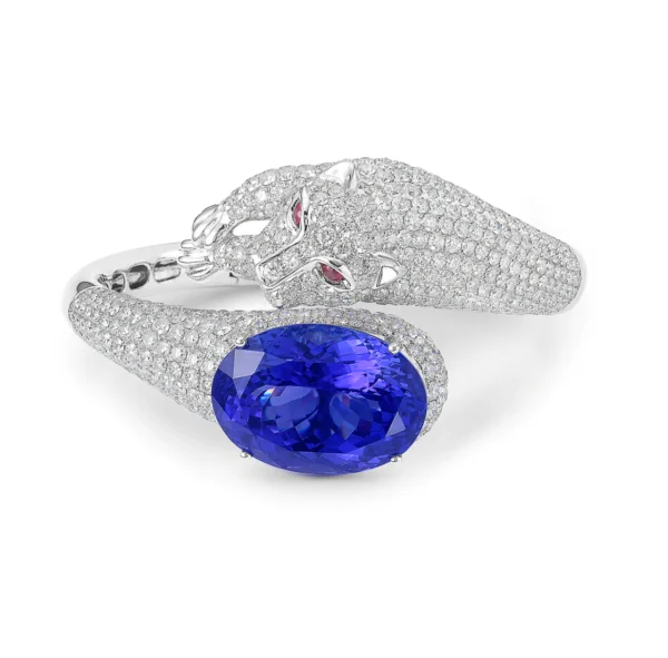 Tanzanite Oval Shape And White Diamond Bangle, 18K White Gold - Image 2