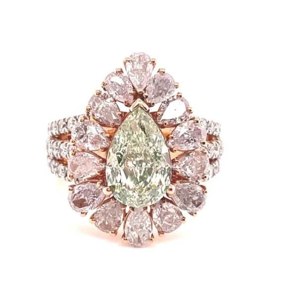Fancy Yellow Green Diamond Pear Shape and White Diamond, 18K Rose Gold