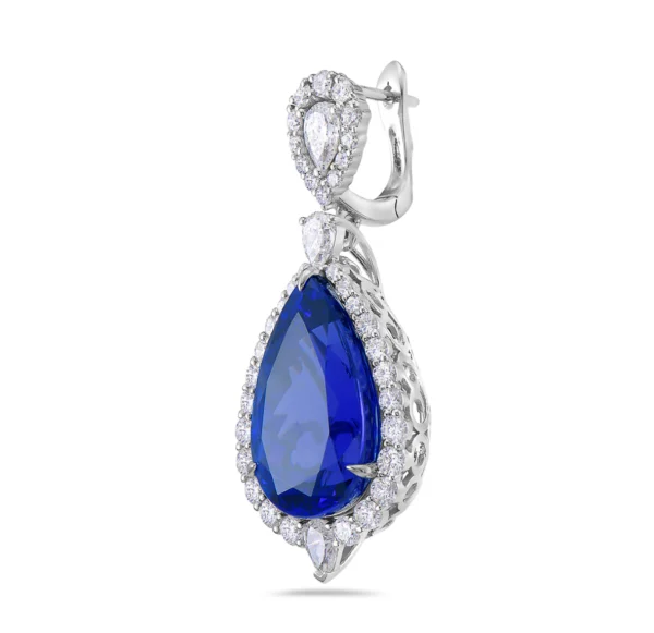 Tanzanite Pear And White Diamond, 18K White Gold Earrings - Image 2