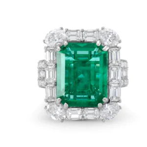 Chahna Jewels Emerald Octagon & White Diamond Round, 18K White Gold Ring