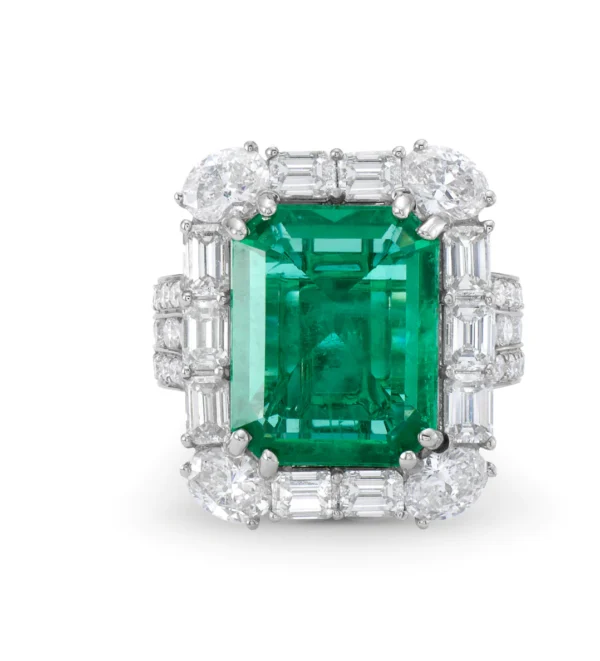 Chahna Jewels Emerald Octagon & White Diamond Round, 18K White Gold Ring