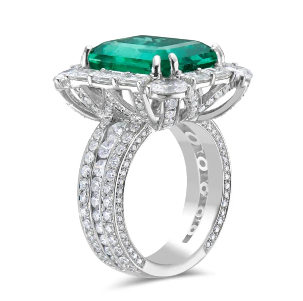 Chahna Jewels Emerald Octagon & White Diamond Round, 18K White Gold Ring - Image 2