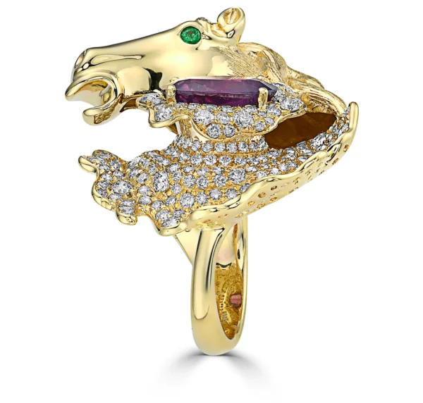 Purple Pink Sapphire and Tsavorite Garnet and White Diamond, 18K Yellow Gold Ring - Image 2