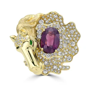 Purple Pink Sapphire and Tsavorite Garnet and White Diamond, 18K Yellow Gold Ring