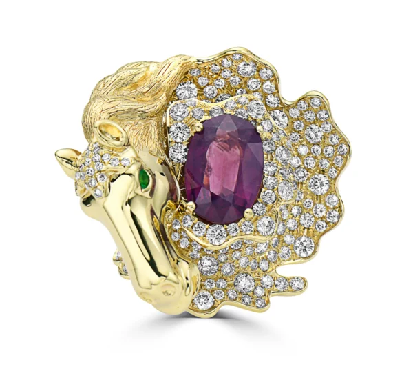 Purple Pink Sapphire and Tsavorite Garnet and White Diamond, 18K Yellow Gold Ring