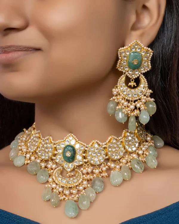 Bushra Necklace and Shifa Chandbalis Polki Set - Image 6