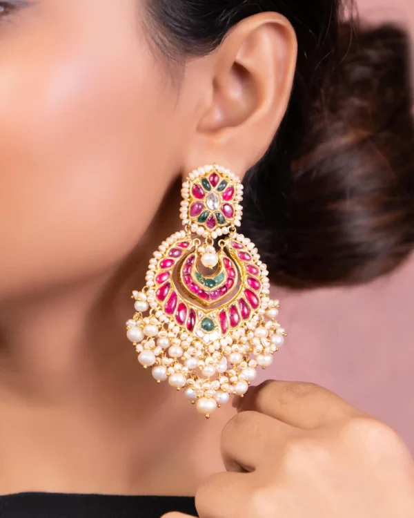 Ratna Long Necklace And Brinda Chandbalis Polki Set - Image 6